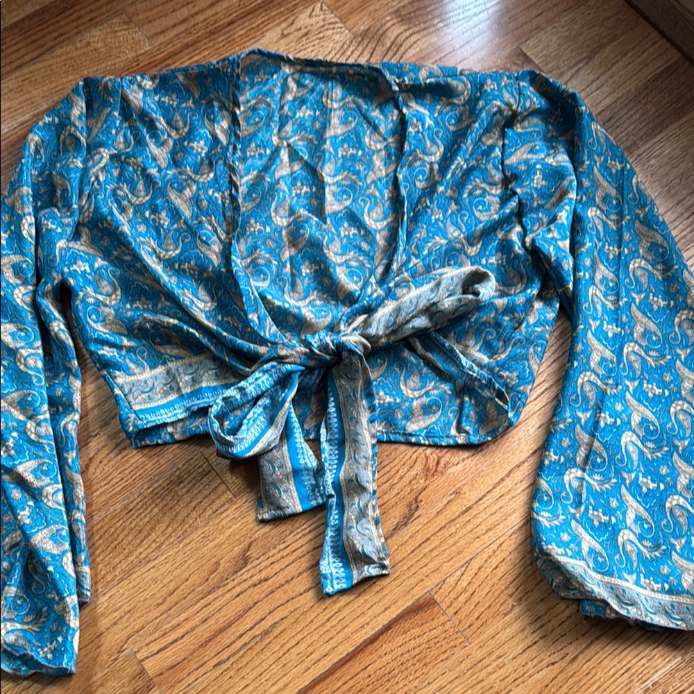 Blue Wrap Blouse with Tie Front and Long Sleeves